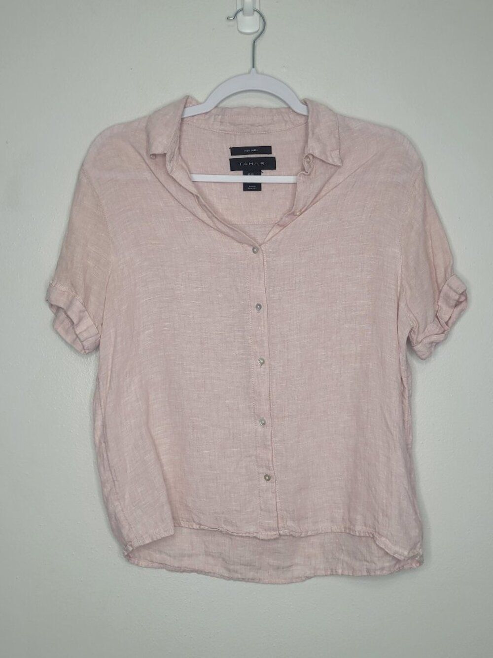 Tahari light pink 100% linen button front coastal beachy short sleeve top xsmall